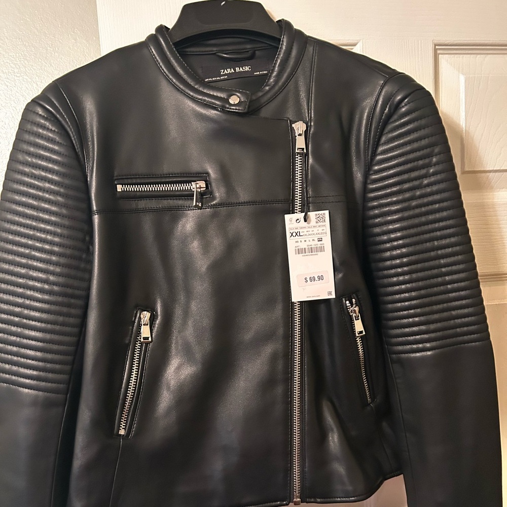 Zara Black Faux Leather Biker Jacket with Zipper Accents